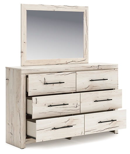 King Panel Storage Bed with Mirrored Dresser
