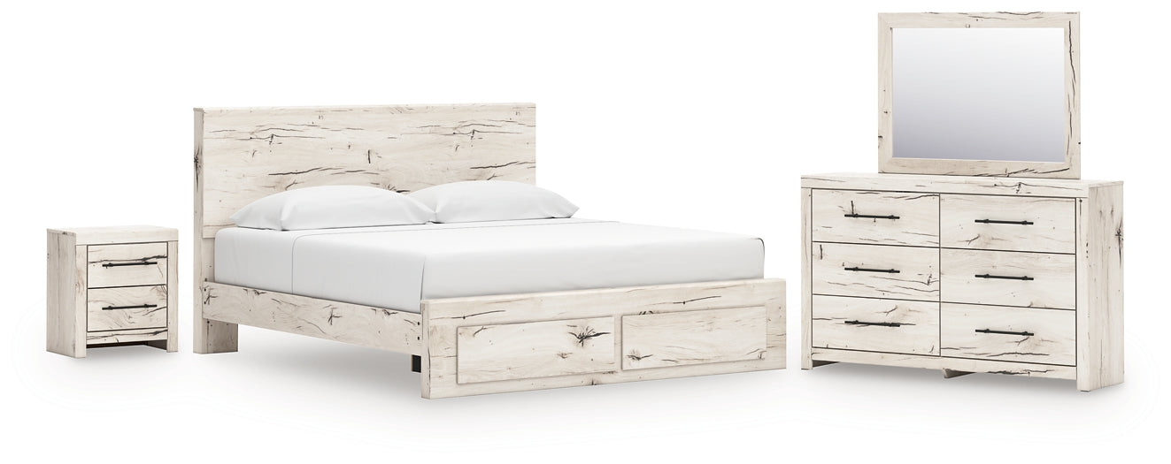 King Panel Storage Bed with Mirrored Dresser and Nightstand