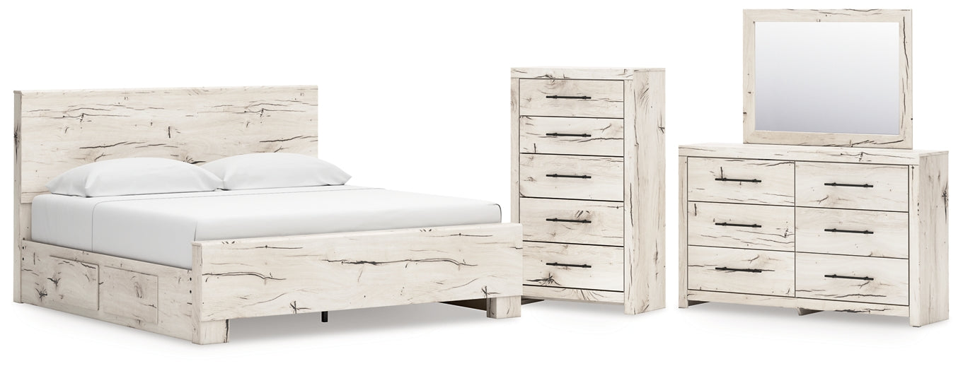 King Panel Bed with Mirrored Dresser and Chest