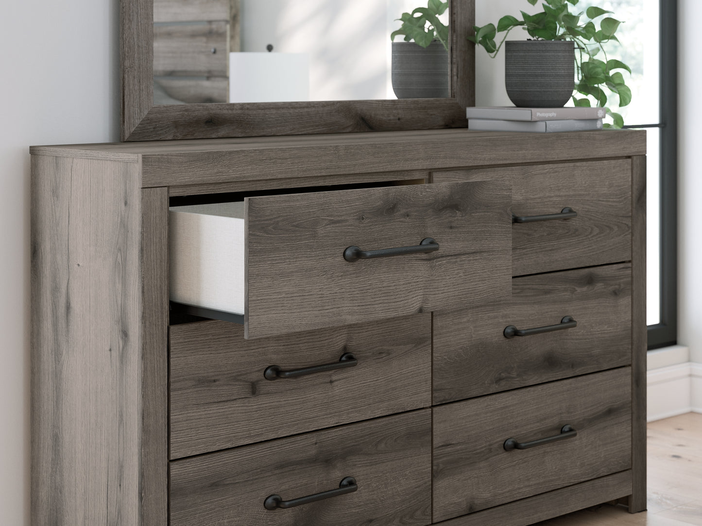 Graystorm Twin Panel Bed with Storage with Mirrored Dresser