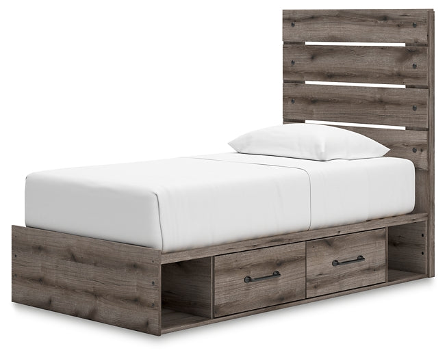 Graystorm Twin Panel Bed with Storage with Mirrored Dresser