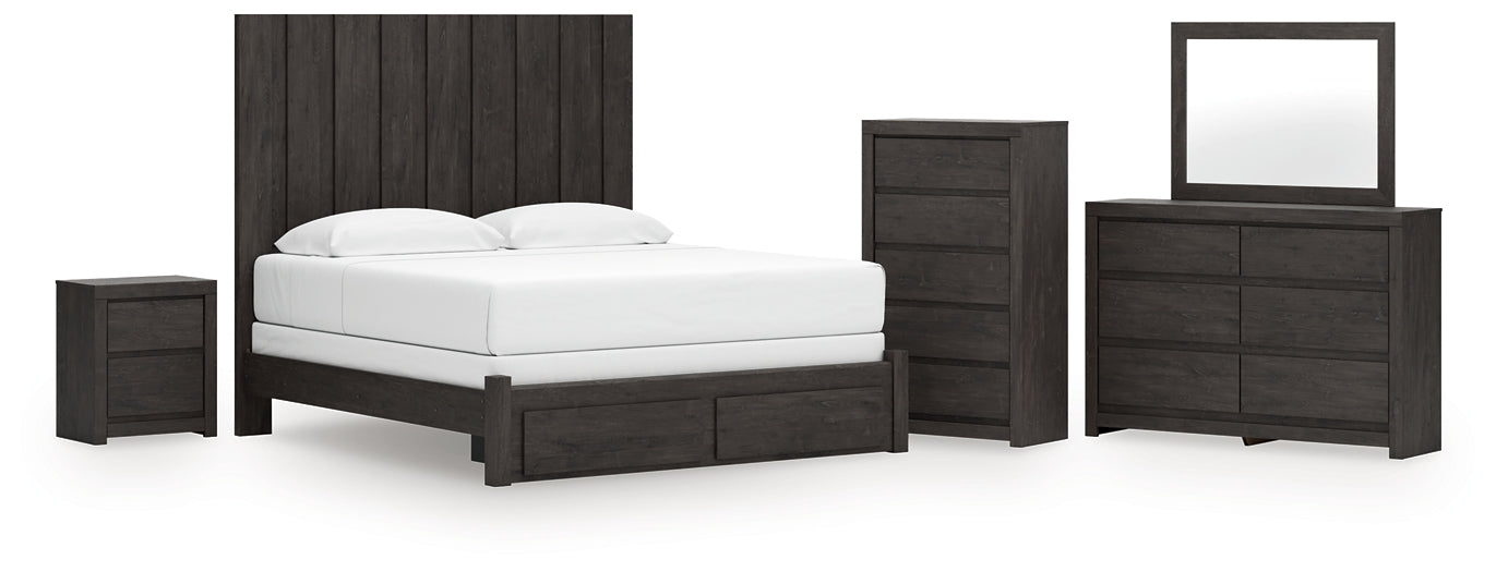 King Panel Storage Bed with Mirrored Dresser, Chest and Nightstand