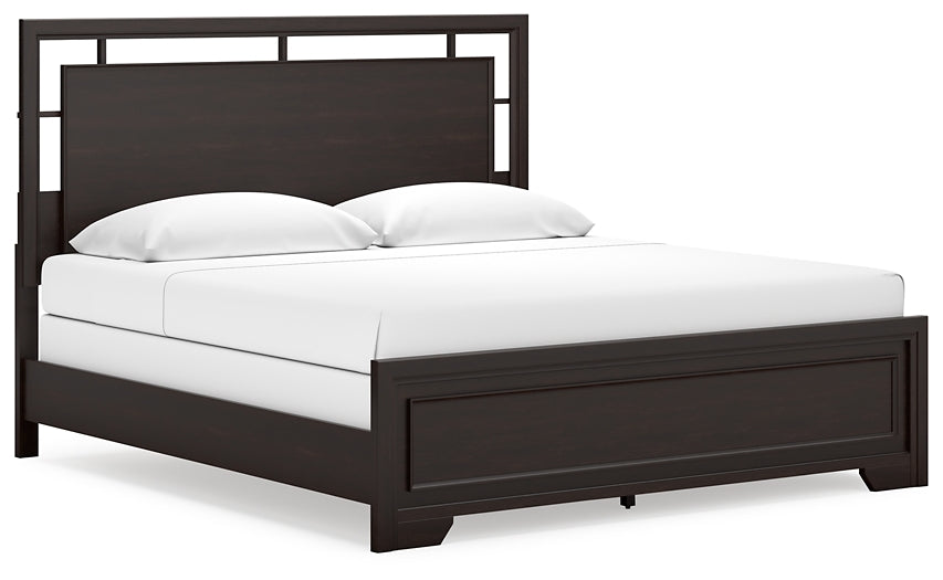 Covetown King Panel Bed with Mirrored Dresser, Chest and Nightstand