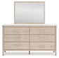 Queen Upholstered Panel Bed with Mirrored Dresser and Chest