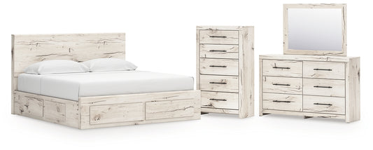 King Panel Storage Bed with Mirrored Dresser and Chest