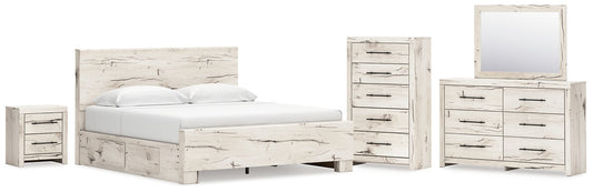 King Panel Bed with Mirrored Dresser, Chest and Nightstand