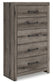 Graystorm King Panel Bed with Mirrored Dresser, Chest and Nightstand