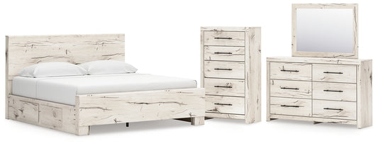 King Panel Bed with Mirrored Dresser and Chest