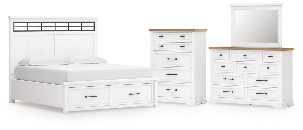 Ashbryn California King Panel Storage Bed with Mirrored Dresser and Chest