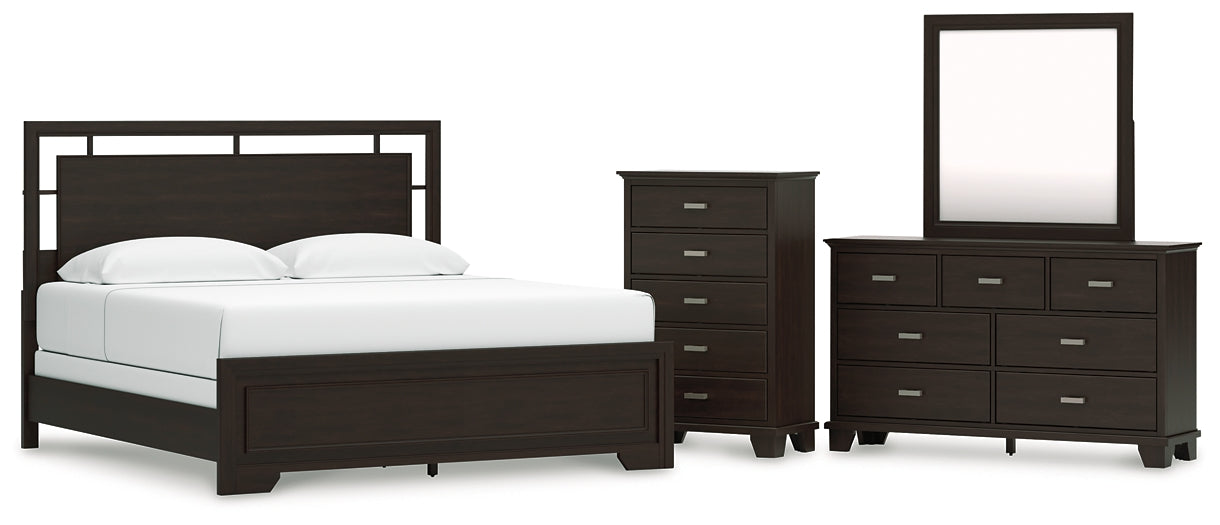 Covetown King Panel Bed with Mirrored Dresser and Chest