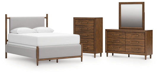Lyncott Queen Upholstered Bed with Mirrored Dresser and Chest