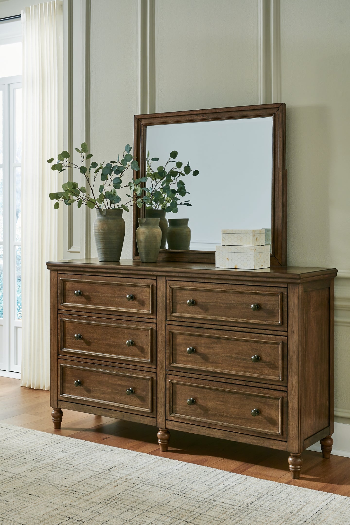 Sturlayne Queen Upholstered Panel Bed, Dresser, Mirror and Nightstand