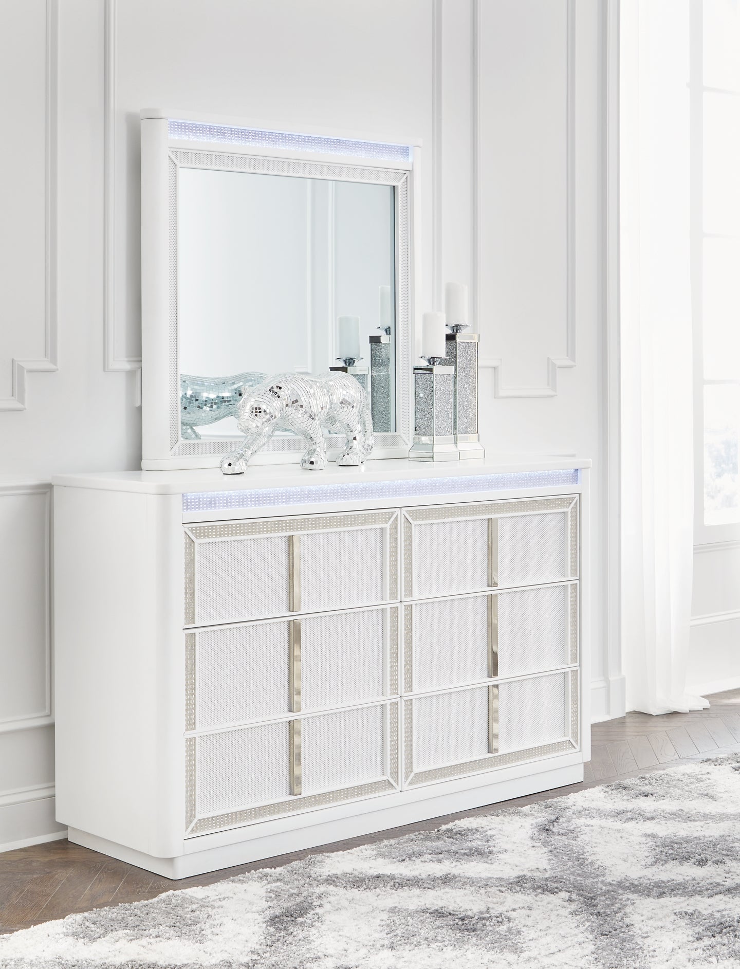 Chalanna King Upholstered Storage Bed with Mirrored Dresser and Nightstand