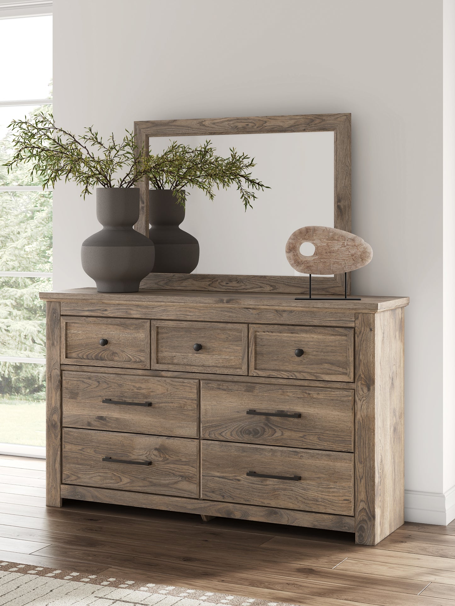 Rusticott King Panel Bed with Mirrored Dresser and Nightstand