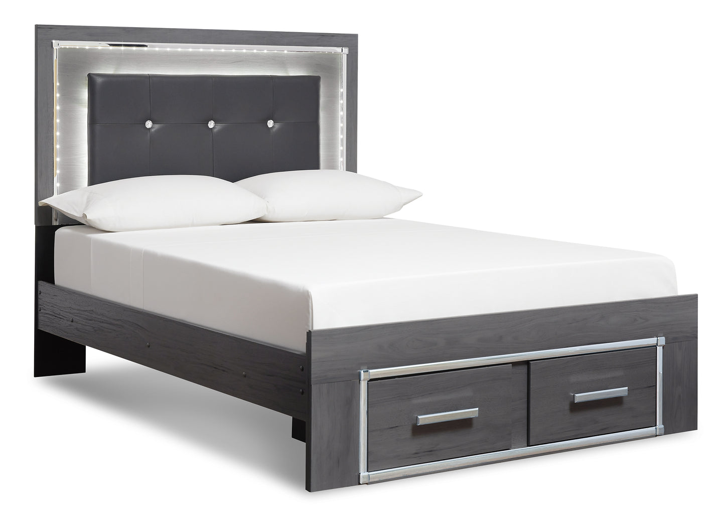 Lodanna King Panel Bed with 2 Storage Drawers with Mirrored Dresser and Chest