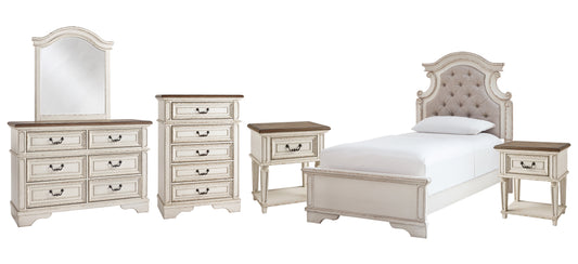 Realyn Twin Panel Bed with Mirrored Dresser, Chest and 2 Nightstands